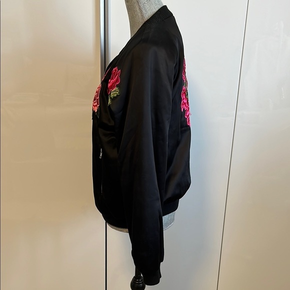 Floral Embroidered Satiny Bomber Jacket, Size M - Picture 5 of 13